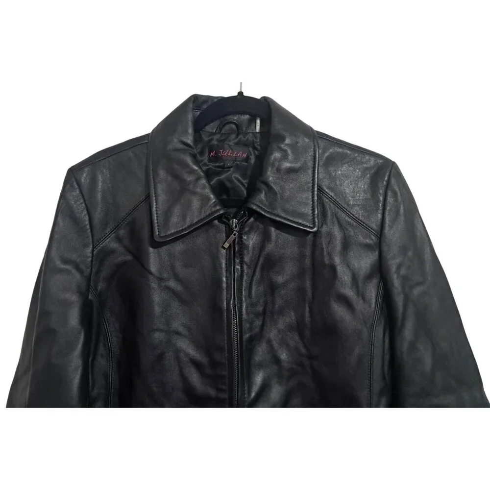 M. Julian Womens Genuine Leather Black Jacket With Zip Closure Lined With Polyes